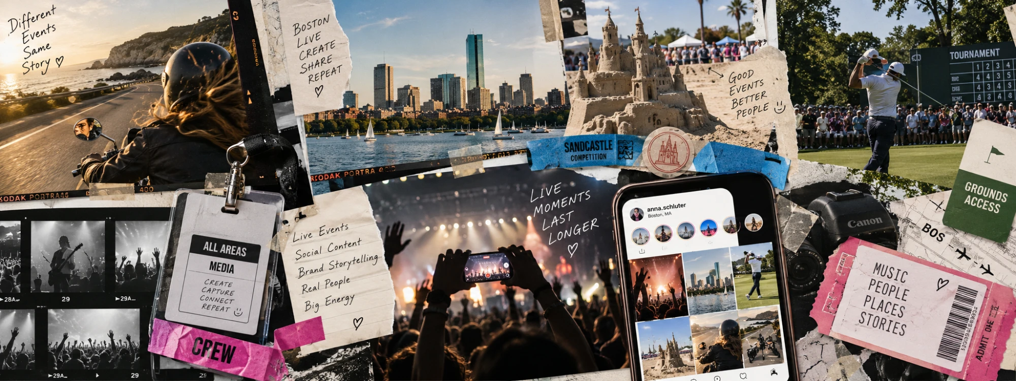 Collage of live event scenes: a motorcycle ride, the Boston skyline, a sand sculpture, a golf tournament, a concert crowd, and a phone showing an Instagram grid